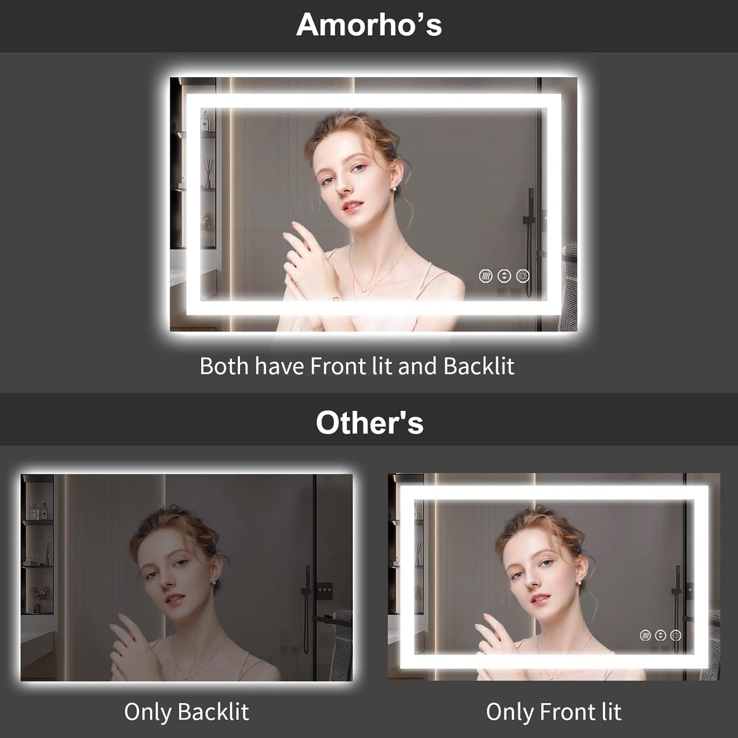 Amorho LED Bathroom Mirror 68" X38" with Front and Backlight, Stepless Dimmable Wall Mirrors with Anti-Fog, Shatter-Proof, Memory, 3 Colors, Double LED Vanity Mirror