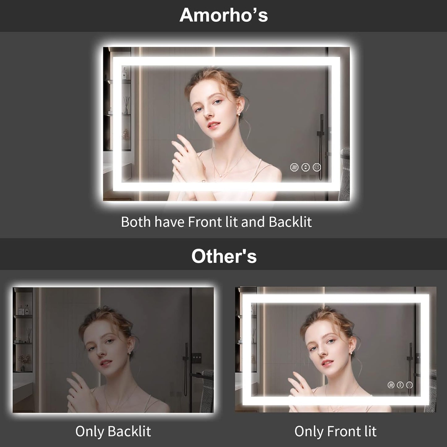 Amorho LED Bathroom Mirror 48''X40'' with Front and Backlit, Stepless Dimmable Wall Mirrors with Anti-Fog, Shatter-Proof, Memory, 3 Colors, Double LED Vanity Mirror, ETL Listed