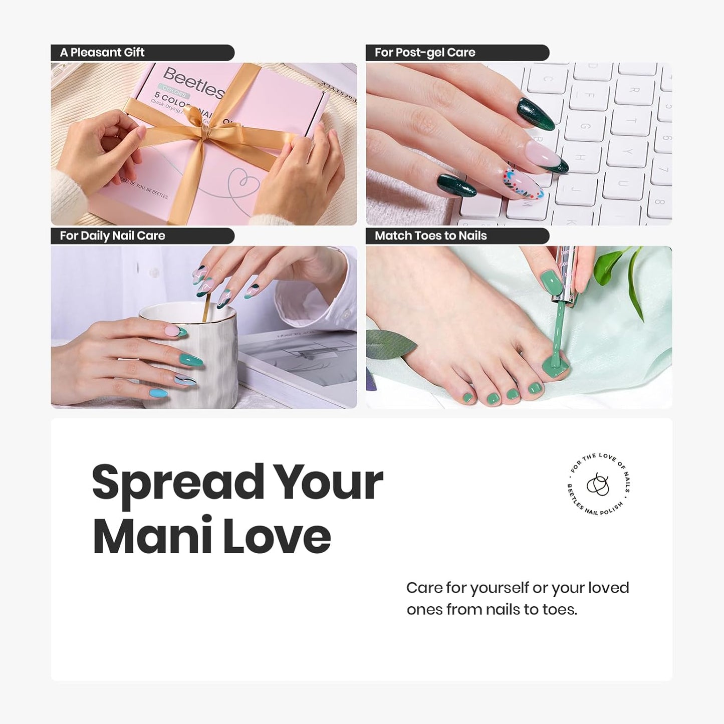 Beetles Green Nail Polish Set, 7 Pcs 5 Colors Light Green Blue Fingernail Polish, Cuticle Oil with 2IN1 Base&Top Coat Long Lasting Quick Dry Nail Polish Gfit Sets For Women