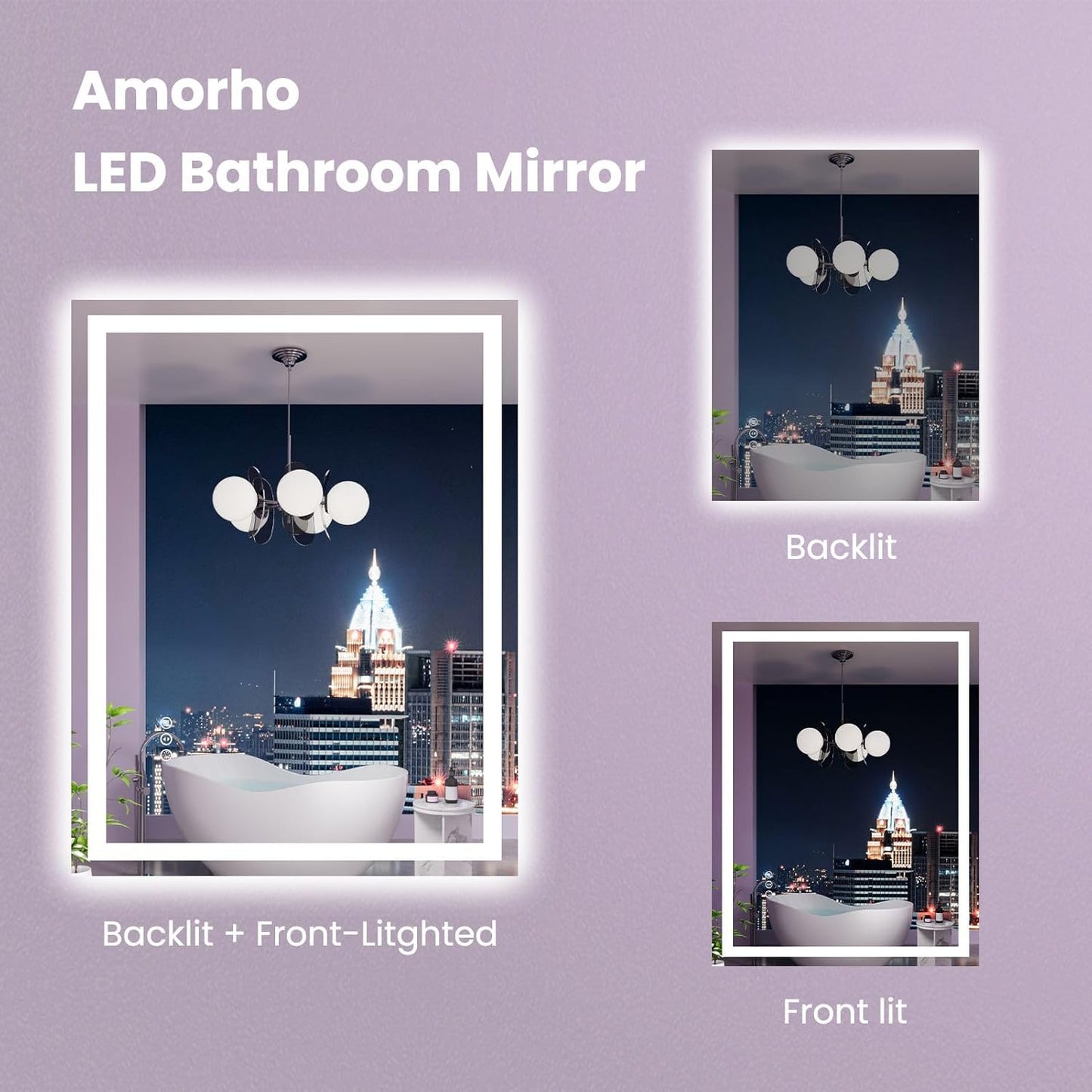 Amorho LED Mirror for Bathroom 28X36 Inch with Backlight and Front Lit, Fogless Mirror for Wall Mounted, Dimmable, 3 Colors, Memory