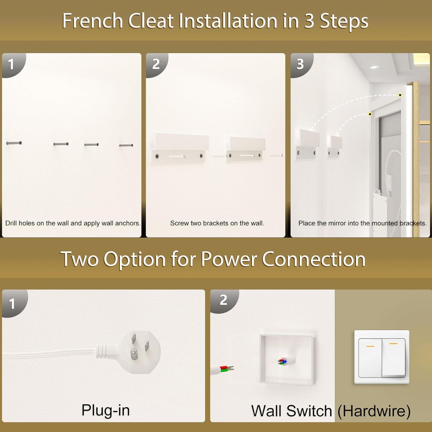 OKPAL Gold LED Bathroom Mirror with Lights, 50x40 Frontlit & Backlit Lighted Bathroom Mirror, LED Vanity Framed Mirror, Anti-Fog, Dimmable, 3 Colors, Shatterproof, ETL Listed