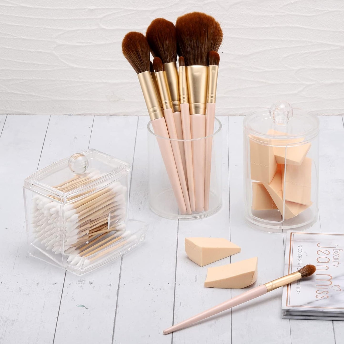 Tbestmax Bathroom Organizer Accessories Set-10 OZ,7 OZ Qtips Holder Storage with Clear Plastic Lids, Cotton Ball/Swabs Dispenser, Apothecary Container Jar 3 Pcs