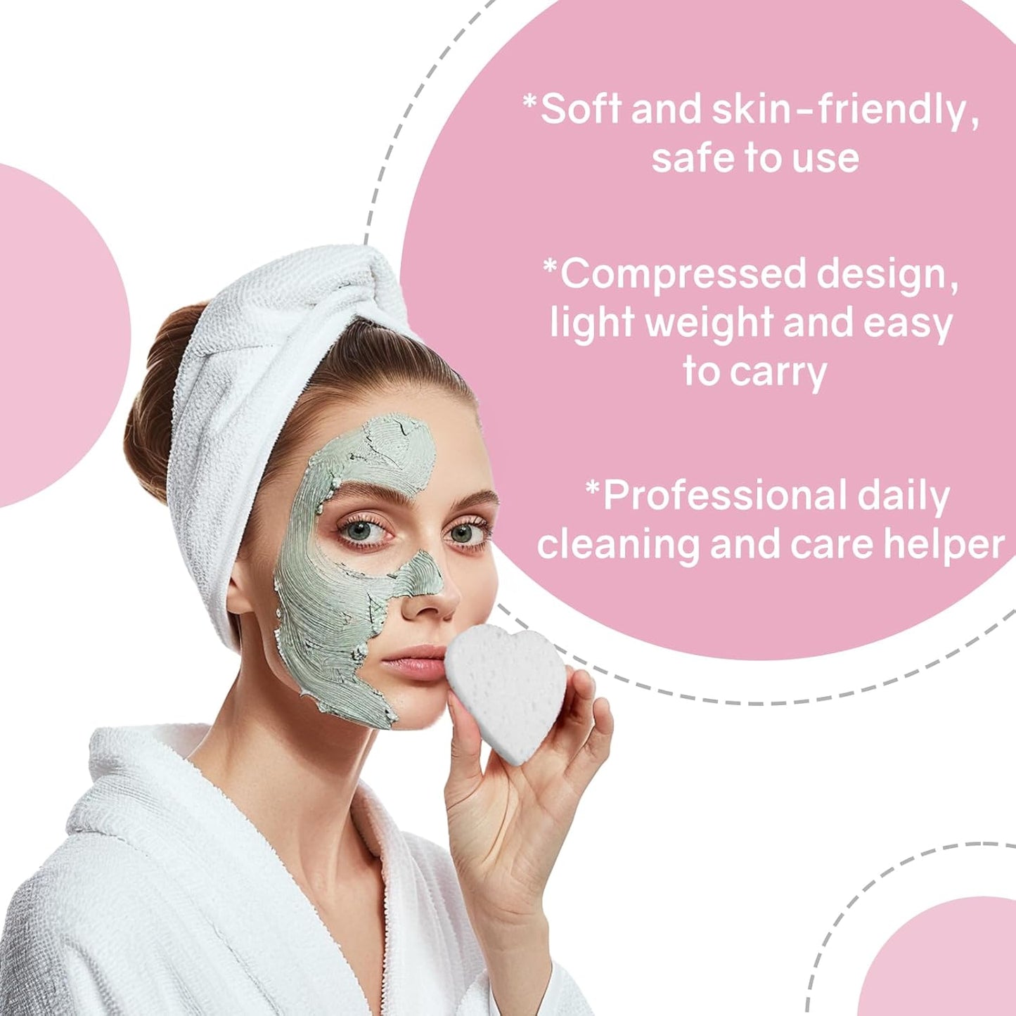 50-Count Heart Shape Compressed Facial Sponges,100% Natural Cellulose Face Sponge Spa Sponges for Removing Dead Skin, Dirt and Makeup(White)