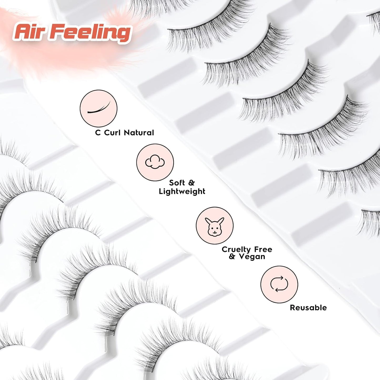 False Lashes Eyelashes Wispy 10MM Short Lash Natural Thin Band Strip Eyelash 3D Volume C Curl 7 Pair
