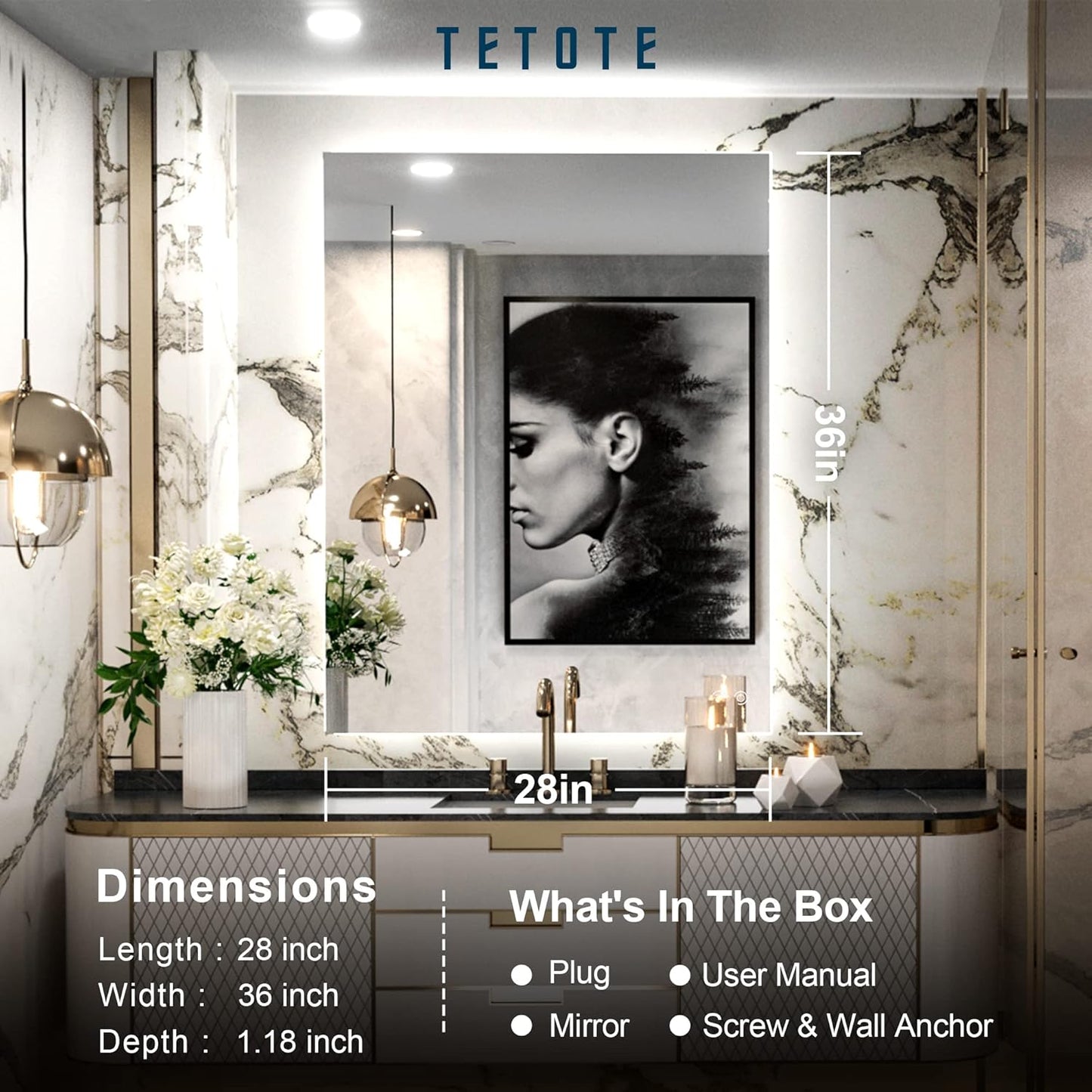 TETOTE 36 x 28 LED Backlit Bathroom Vanity Mirror with Light,3Color White/Warm/Natural,Anti-Fog Lighted Mirror,Dimmable,Wall Mounted