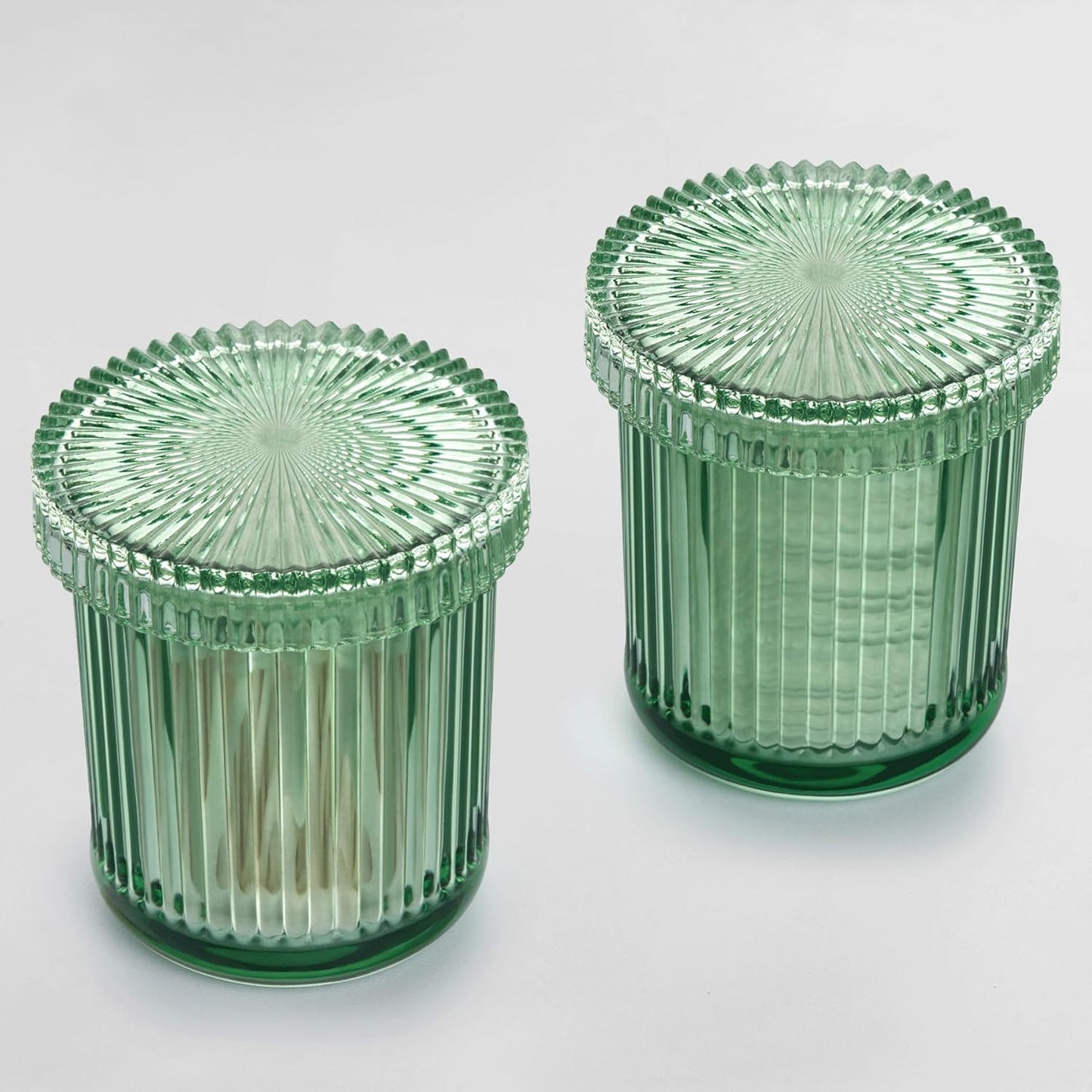 2 Pack Qtip Holders for Bathroom, Clear Glass Apothecary Jars with Lids,Vintage Bathroom Canisters for Cotton Balls,Swabs,Floss Picks,Hair Ties,Vanity Organizer and Storage Decor (Green)
