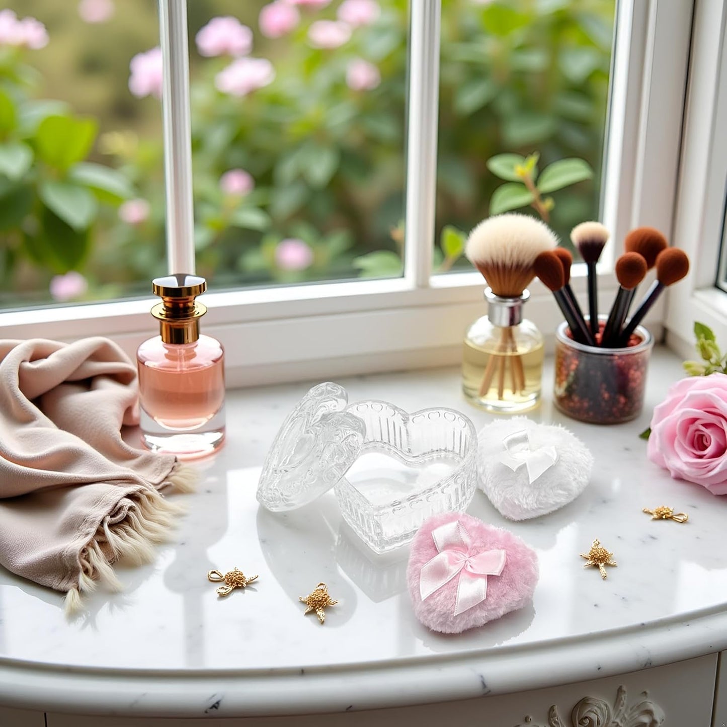 Body Powder Puff and Container - Glass Heart Dusting Powder Container with 2 Soft Puffs – Vintage Powder Puff Case for Women & Girls-GRB007-Transparent