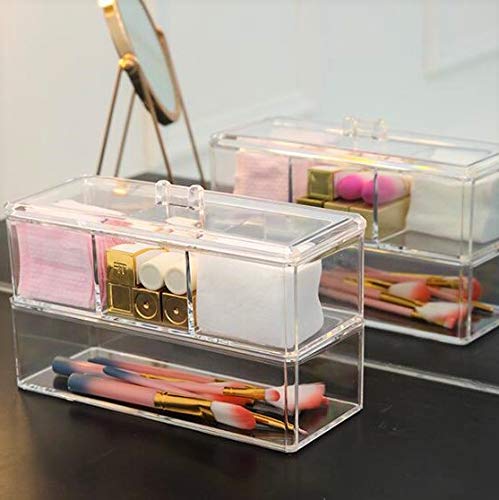 Square Acrylic Cotton Ball Pads Gauze Swab Holder Organizer Q-tip Dispenser Storage Canister Bathroom Container Flossers Box Case (9.3x3.7x5.1 in, 2 Tiers, 4 Partitions, Transparent)