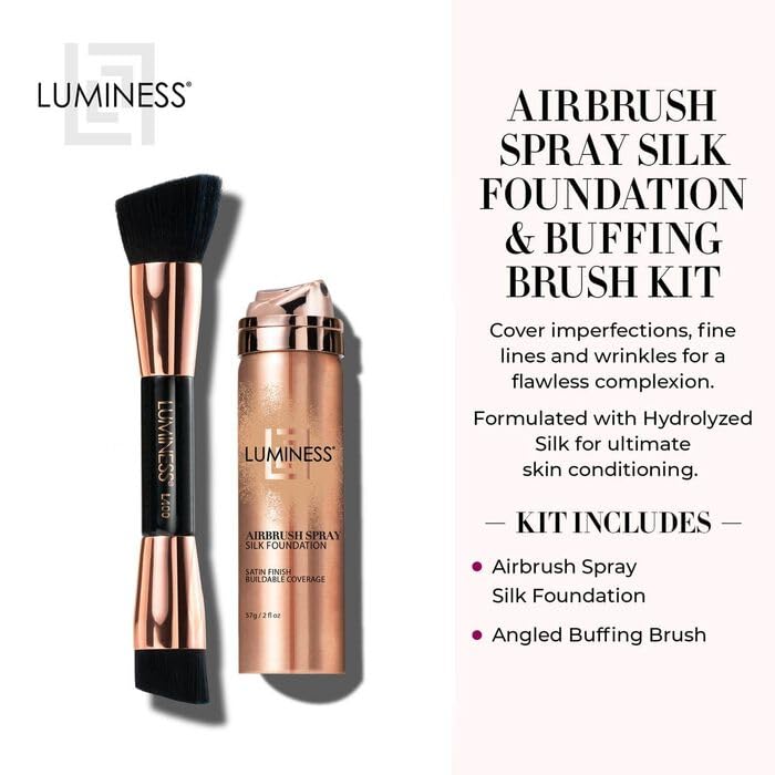 LUMINESS Silk Airbrush Spray Foundation & Buffing Brush Kit – Full Coverage Foundation & Dual-Sided Buffing Brush - Buildable Coverage, Anti-Aging Formula Hydrates & Moisturizes (Shade - Light Warm)