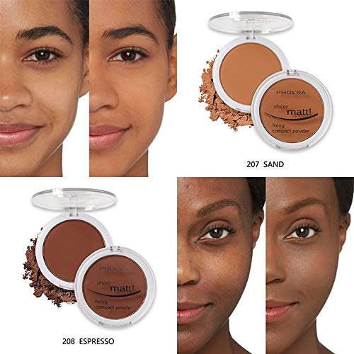 AQUAPURITY PHOERA Sheer Matte Compact Powder Fixing Powder Makeup Base Fixer Setting Powder Foundation Fixing Compact Pressed Powder Long Lasting Skin Vitamin E Beauty Blender (208ESPRESSO)