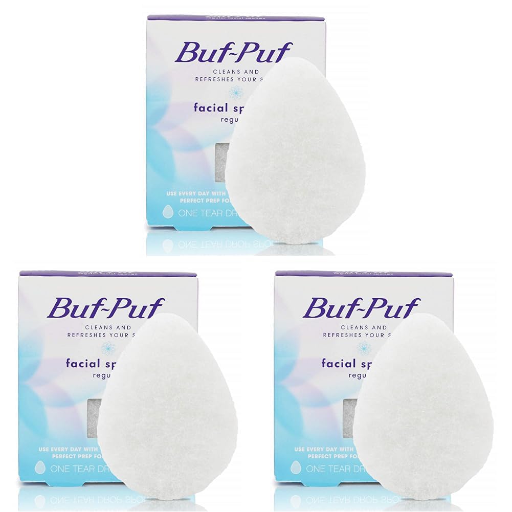 Buf-Puf Regular Facial Sponge, Dermatologist Developed, Removes Deep Down Dirt & Makeup that Causes Breakouts and Blackheads, Reusable, Exfoliating, White, 1 Count (Pack of 3)