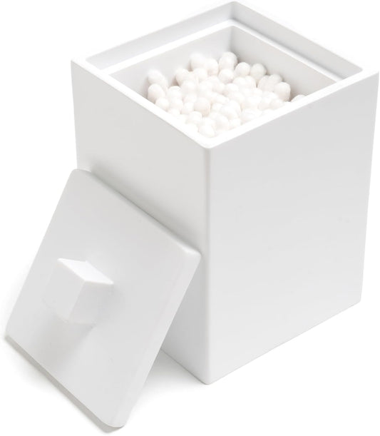 Bathroom Qtip Holder, Resin Cotton Swab Holder with Lid Qtip Holder Dispenser for Cotton Ball Bath Salts Storage Christmas Birthday Anniversary, Matte White