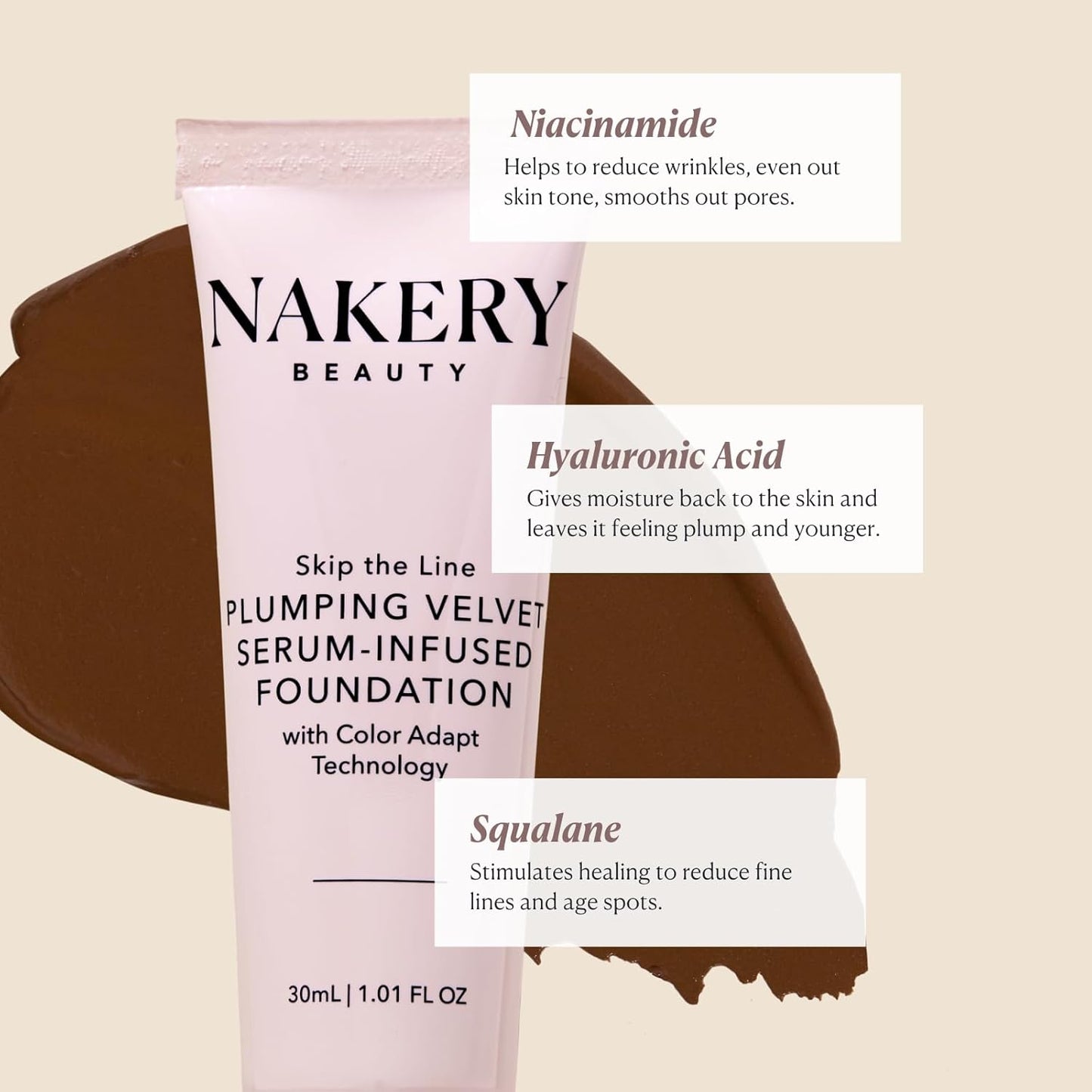 Nakery Full Coverage Plumping Liquid Foundation - Serum Infused Makeup with Niacinamide & Hyaluronic Acid for All Skin Types - Medium