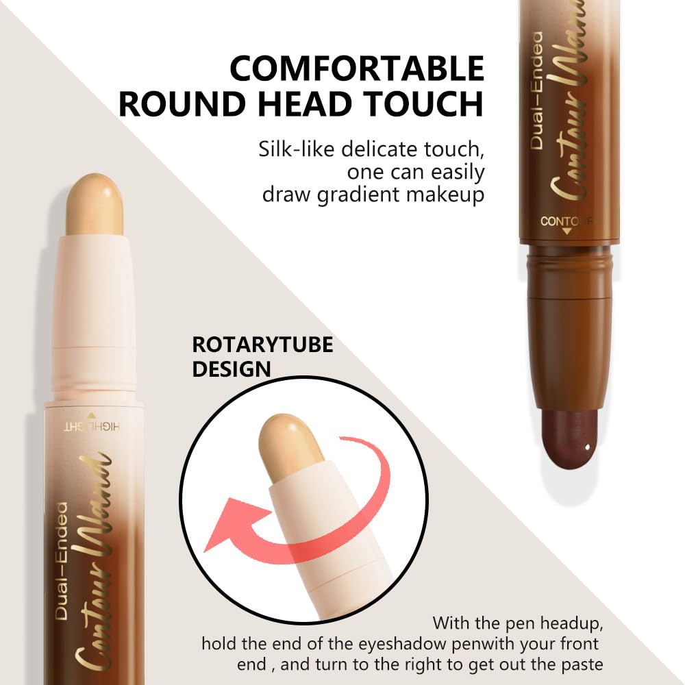 Dual-Ended 2-in-1 Cream Contour & Highlighter Stick – Waterproof, Long-Lasting for Face & Body Makeup, Suitable for All Skin Tones, 04#Nude Brown + Nude