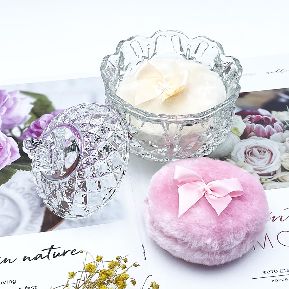 Luxury 4 Inch Glass Loose Powder Container with 2 Soft 3.5" Puffs｜Non-Sealed Refillable Organizer Storage for Body Powder Makeup & Jewelry & Setting Applicator(Butterfly-Clear)