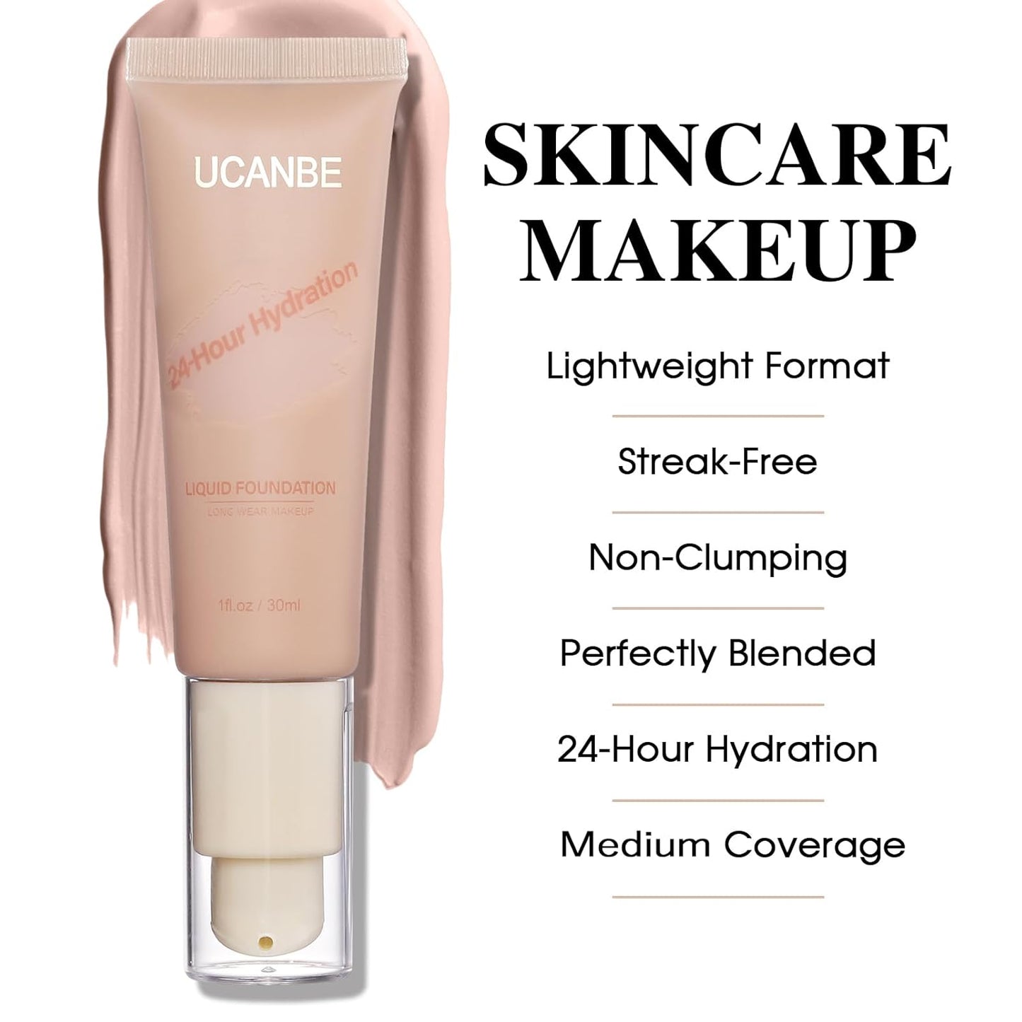 UCANBE Matte Liquid Foundation Makeup, Medium to Full Coverage Waterproof Longwear Serum Cream Foundation for Combination & Oily Mature Skin, Lightweight Hydrating Nourishing, Natural Ivory, 1 fl. oz.