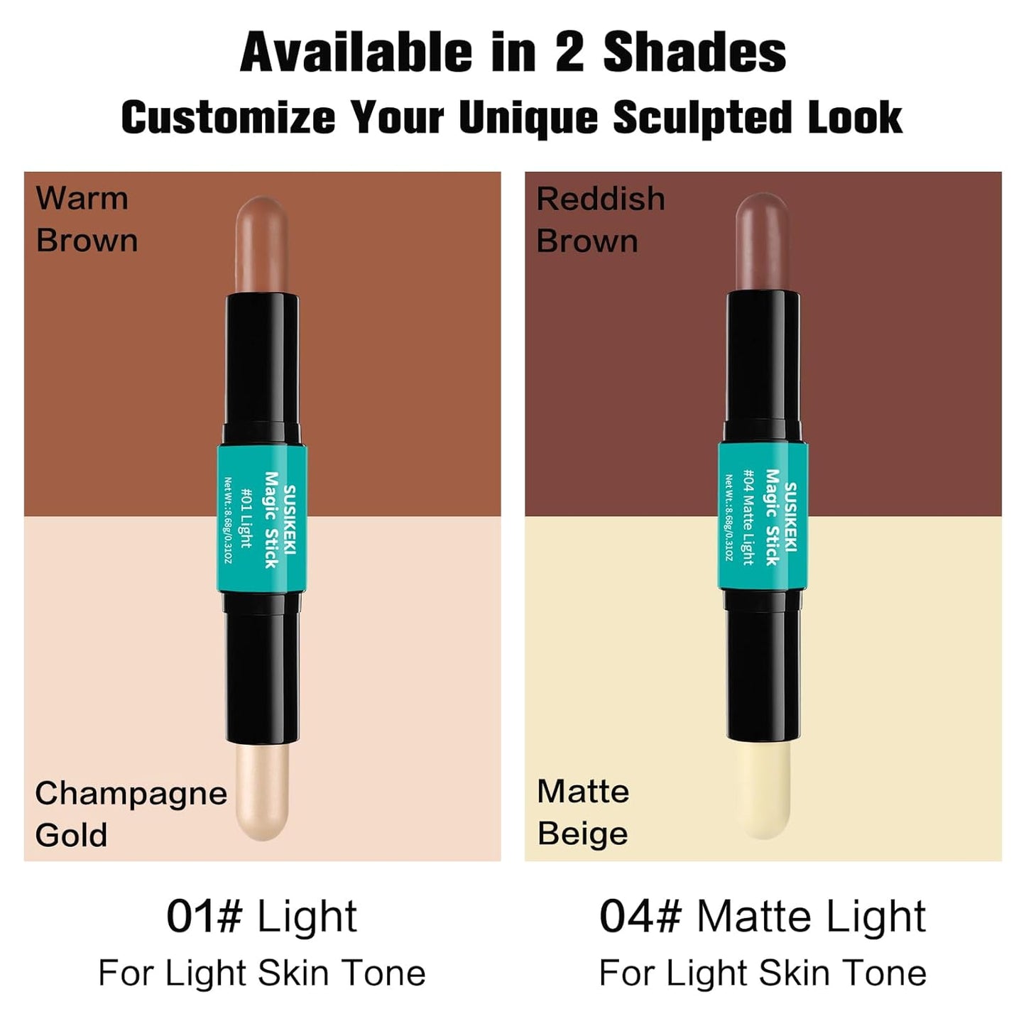 Contour Stick, 2Pcs Dual-Ended Highlighter Makeup Pen & Contouring Stick for Face Shaping, Long Lasting Waterproof Cream Bronzer & Highlight Sticks Make Up Kit for All Skin Tones (01# + 04#)