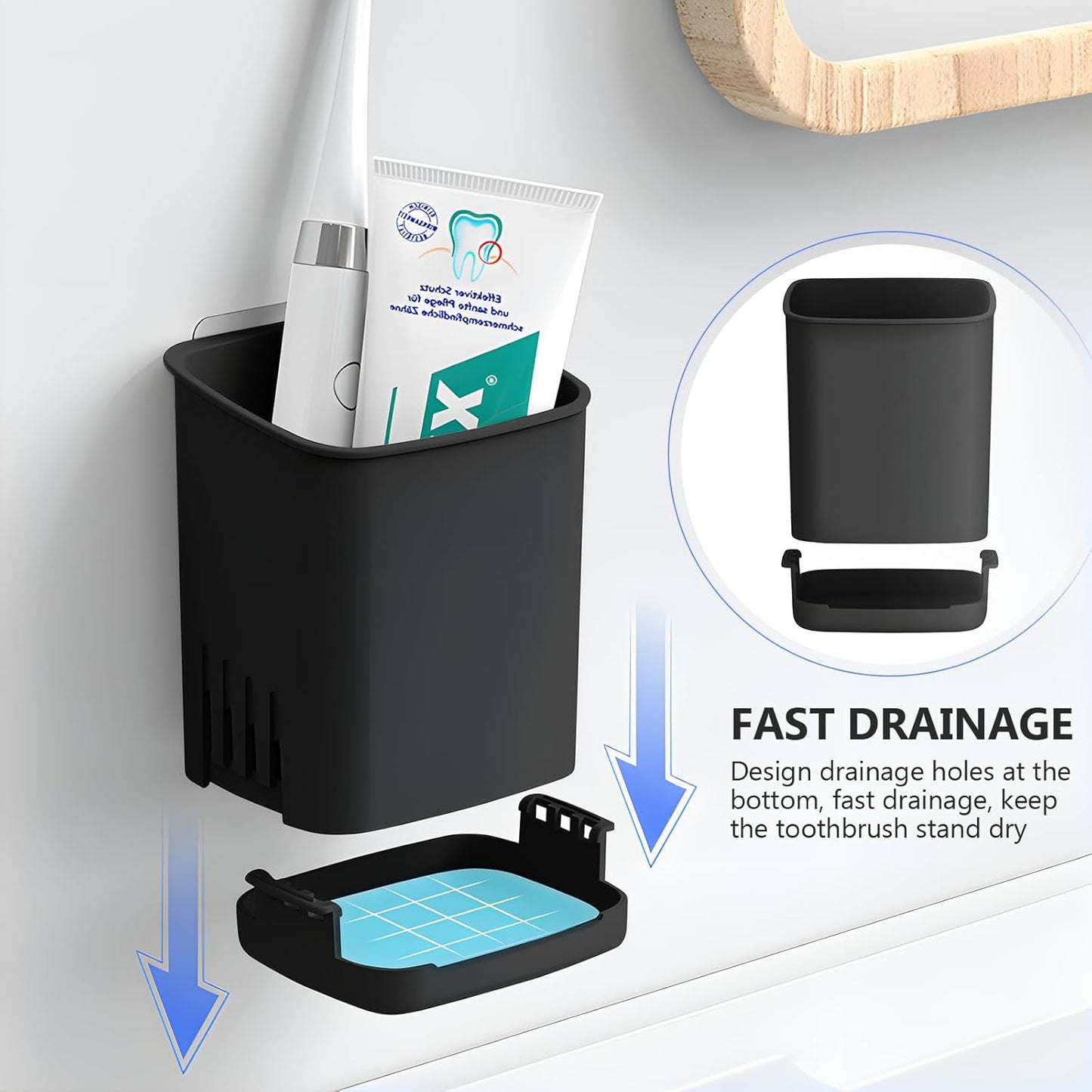 Toothbrush Holder Cup Wall Mounted Drill-Free for Bathroom Shower Electric Toothbrush Toothpaste Razor Holder Removable Waterproof Sturdy Self Draining, Tableware Holder for Kitchen(1pcs&Black)