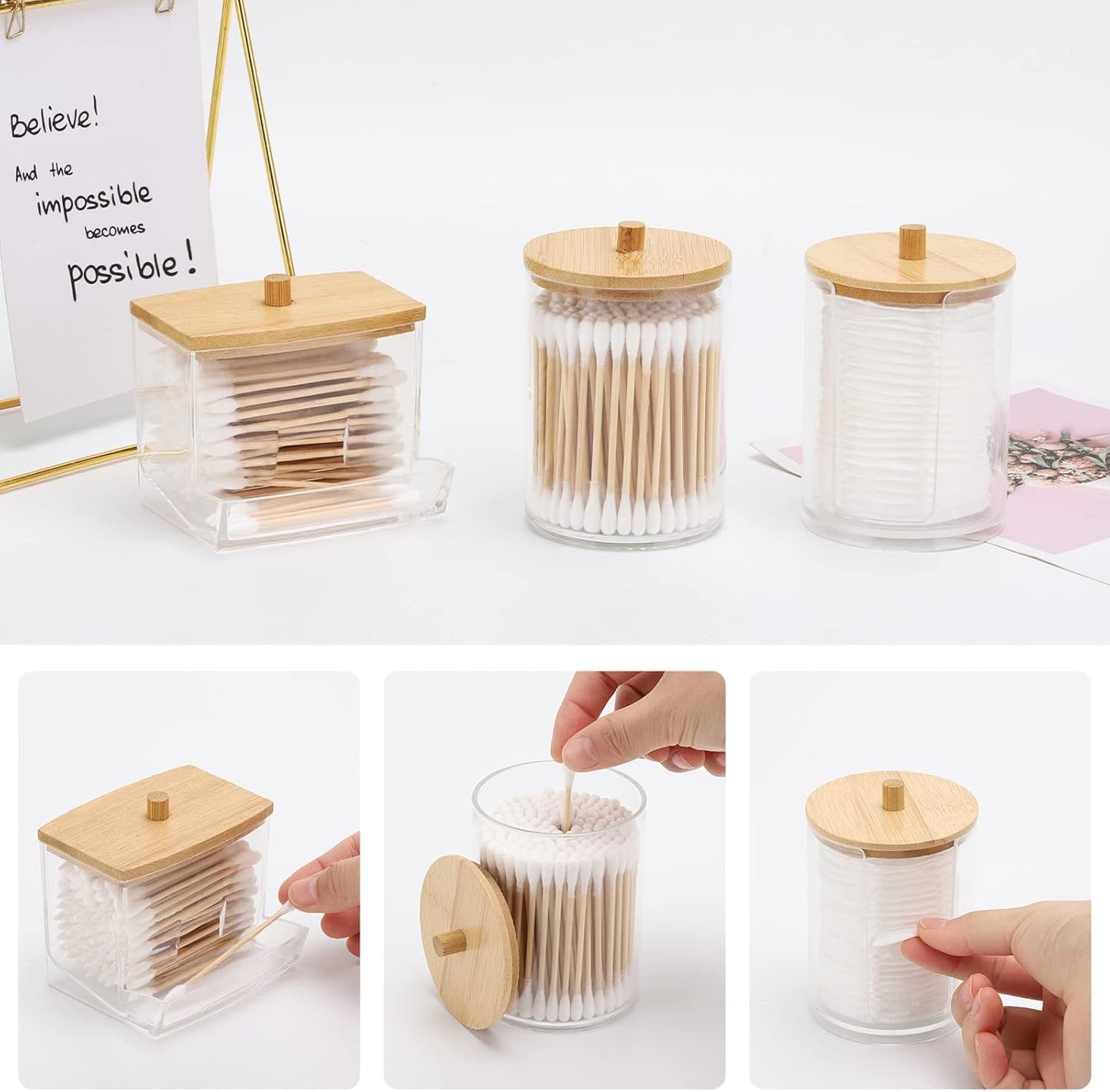 Tbestmax Bathroom Organizer Accessories Set-10 OZ,7 OZ Qtips Holder Storage with Brown Wood Lids, Cotton Ball/Swabs Dispenser, Apothecary Container Jar 3 Pcs