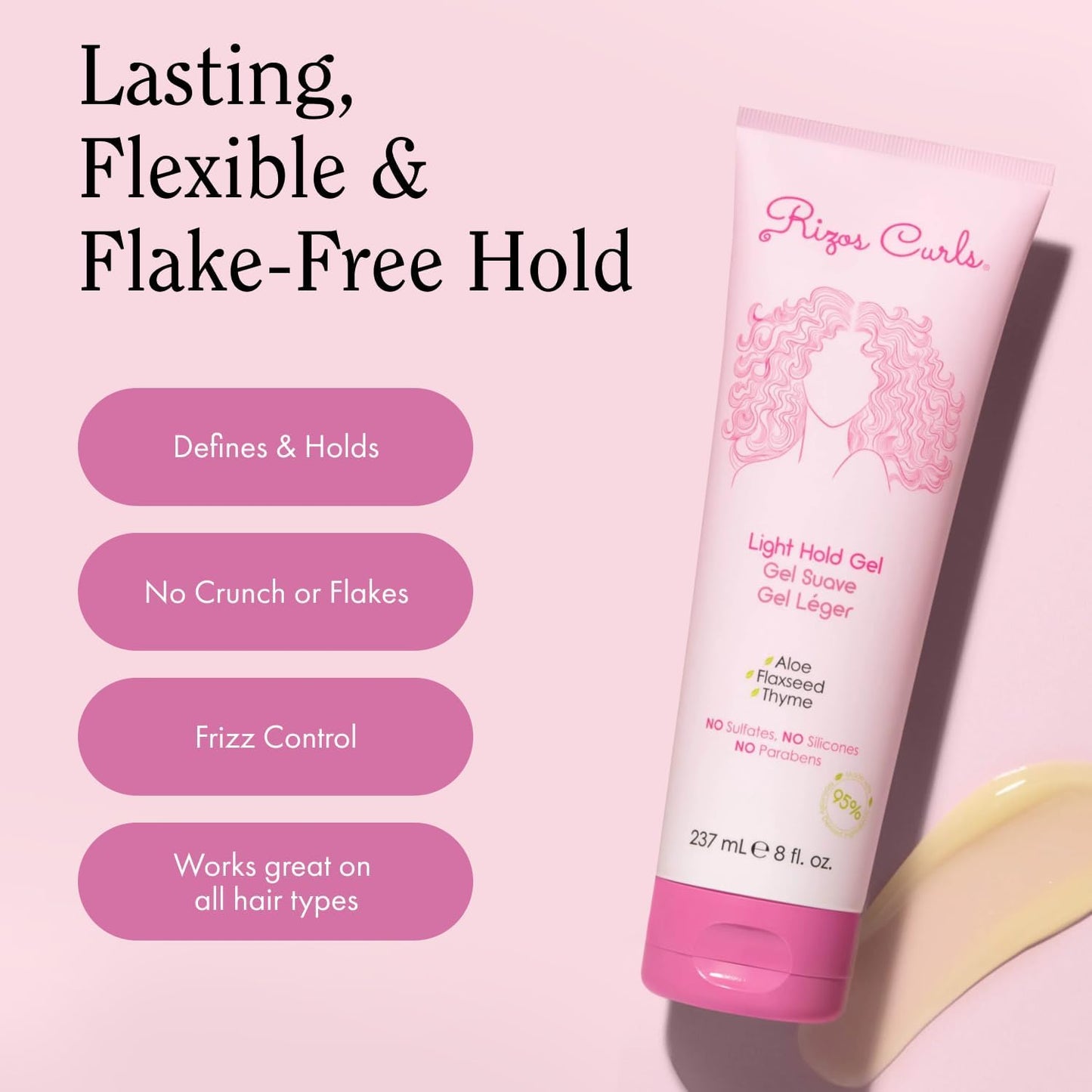 Rizos Curls Travel Light Hold Gel, Defines with Flexible Hold, Flake-Free and Frizz-Free Voluminous Curls, Moisturize and Combat Humidity with Aloe Vera & Flaxseed, 2.5 oz