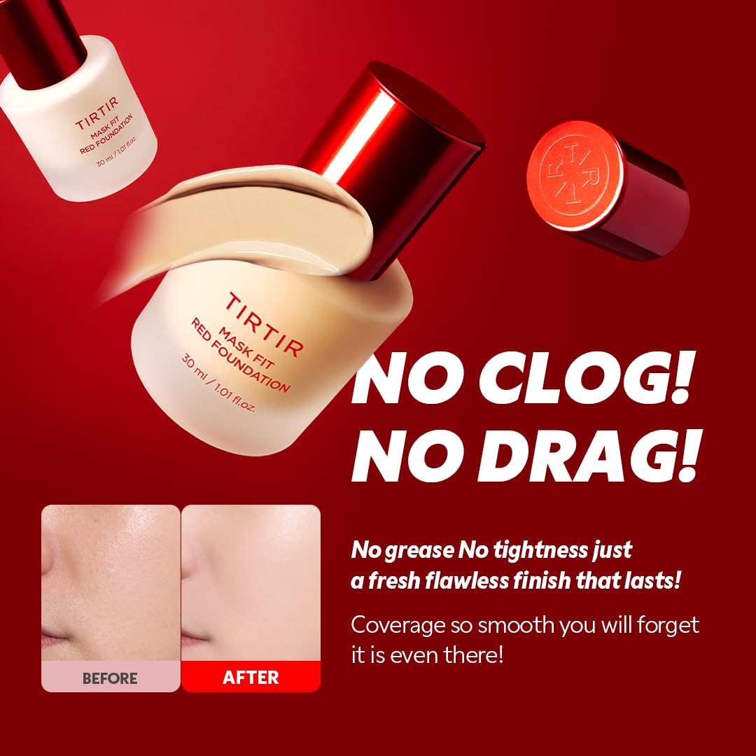 TIRTIR Mask Fit Red FoundationㅣLong Lasting Flawless Coverage, Energy Essence, Lightweight, Hydrating, Pore-Blurring, Breathable Satin Finish, Makeup, Radiant Skin, #33C Hazel, 1.01 Fl Oz