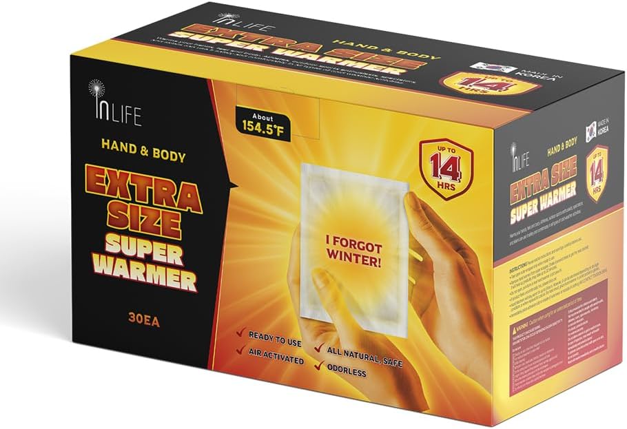 InLife Extra Size Super Warmer for Hands and Body, All Natural & Safe, Bigger & Wider Area Covered, Higher Heating 145°F, Air Activated, Easy & Comfort, Steady Longer Lasting, Odorless, 30 Packs