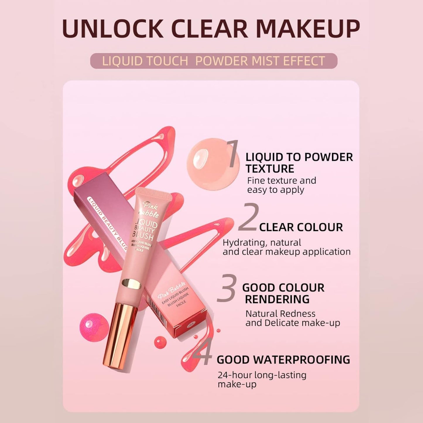 Liquid Blush Makeup Wand, Velvet Cream Blush Stick for Cheeks and Lips, Blush and Highlighter Stick, Easily Blendable, Long-Wearing, Smudge Proof