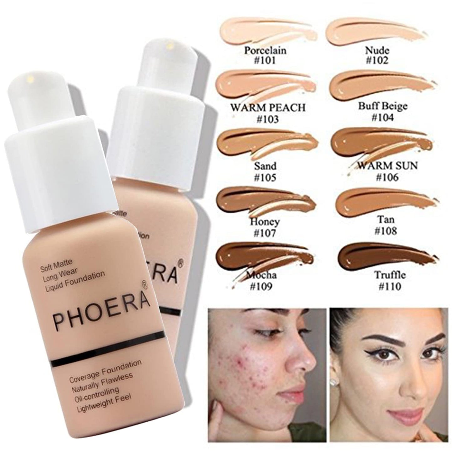 PHOERA Foundation,3 PCS Contour Stick Makeup Kit, Shades with Highlighter Stick, Blush Stick and Bronzer Contour Stick for Sculpt the Cheeks (102+104+Fair-Light Contour/Nude+Buff Beige+#03,#09,#12)