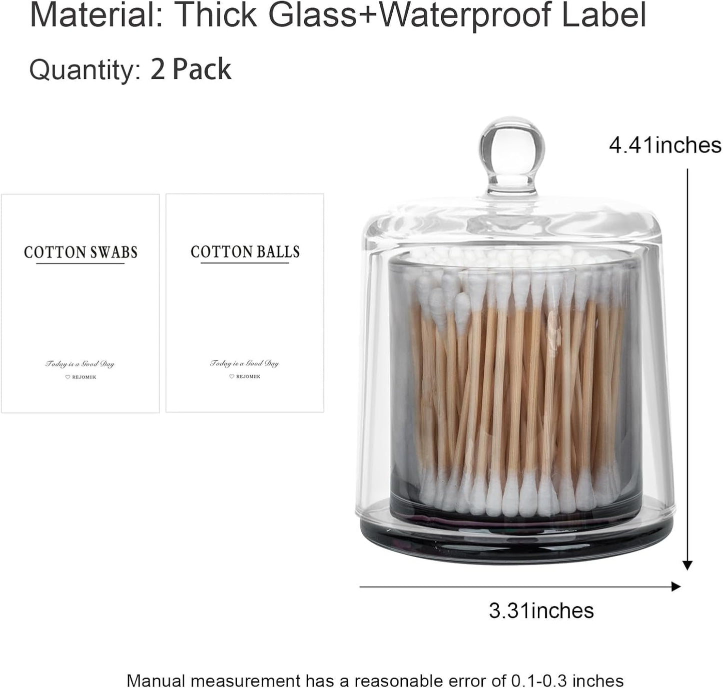rejomiik 2 Pack Qtip Holder Thick Glass Apothecary Jars with Lid for Bathroom Accessories Vanity Organizers and Makeup Storage for Cotton Ball, Swabs, Makeup Sponges, Candy, Jewelry, Grey