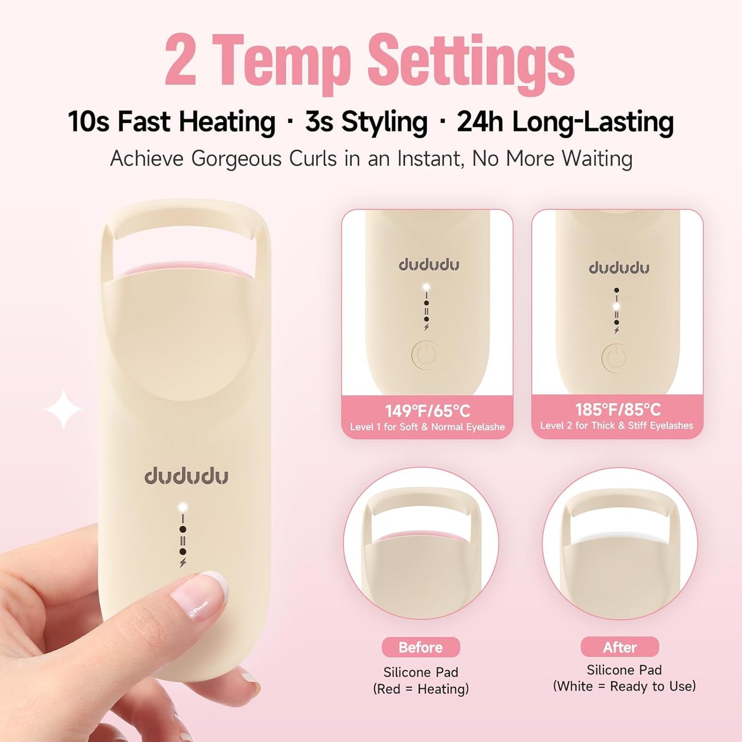 DUDUDU Heated Eyelash Curler, Portable Travel-Size Mini Electric Heated Lash Curler - 2-Level Adjustable Temp & Type-C Recharge, 10S Heat 3S Style 24H Lift for Long-Lasting Natural Effortless Curves