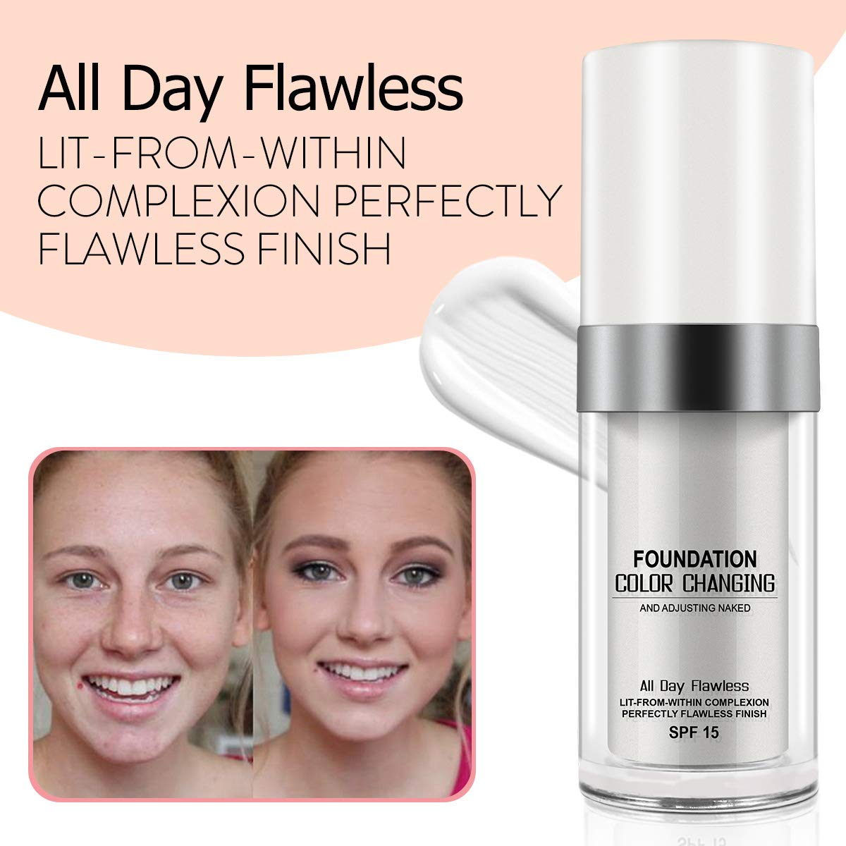 30ML Flawless Colour Changing Warm Skin Tone Foundation,Naturally Blends Moisturizing foundation makeup,Long Lasting Waterproof Poreless Liquid Foundation SPF 15 for Face Makeup