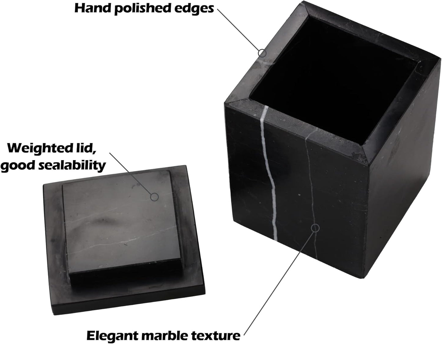 WORHE Marble Canister Natural Stone Qtip Holder with Lid Square Bathroom Vanity Organizer for Makeup Sponge Coffee Bean Dispenser Storage Jar Case for Home Decor Black (DLB202)