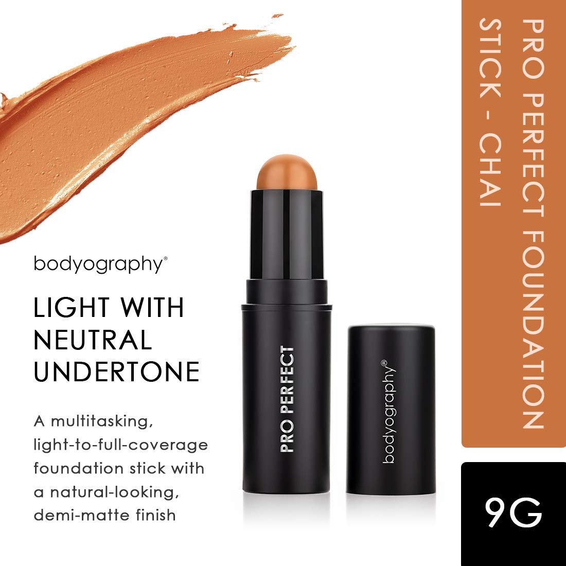 Bodyography Pro Perfect Foundation Stick - Demi-Matte Finish with A Natural Look - Enhancer for Concealing, Highlighting, and Contouring - Vitamin C & E (Chai)