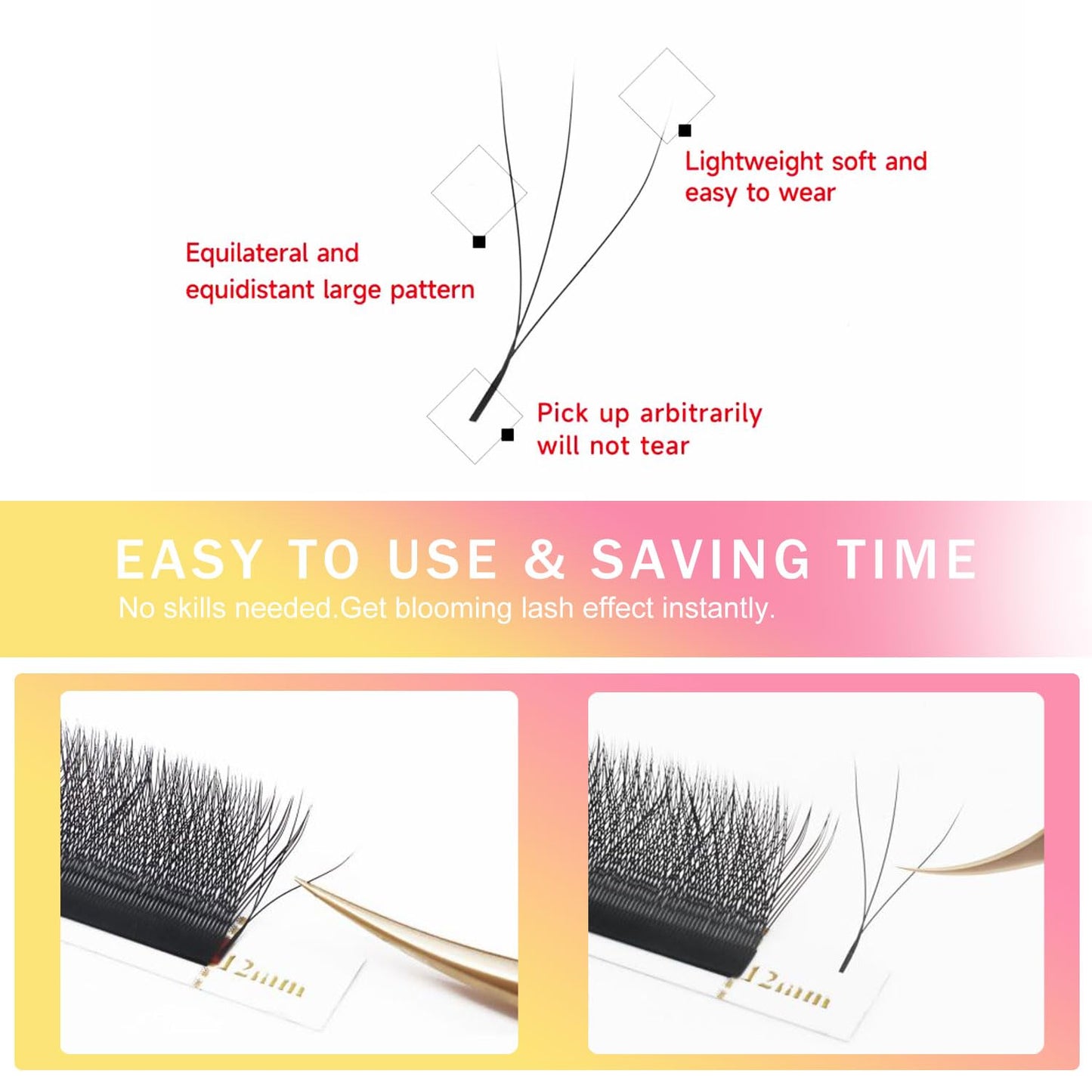 W Lash Extensions Supplies 3D Eyelash Extensions W Shape 0.07mm Thickness C Curl 14mm Premade Fans Easy Fan Lashes Volume Matte Black 12 Rows Crisscross Eye Lashes(W-3D-0.07-C,14mm)