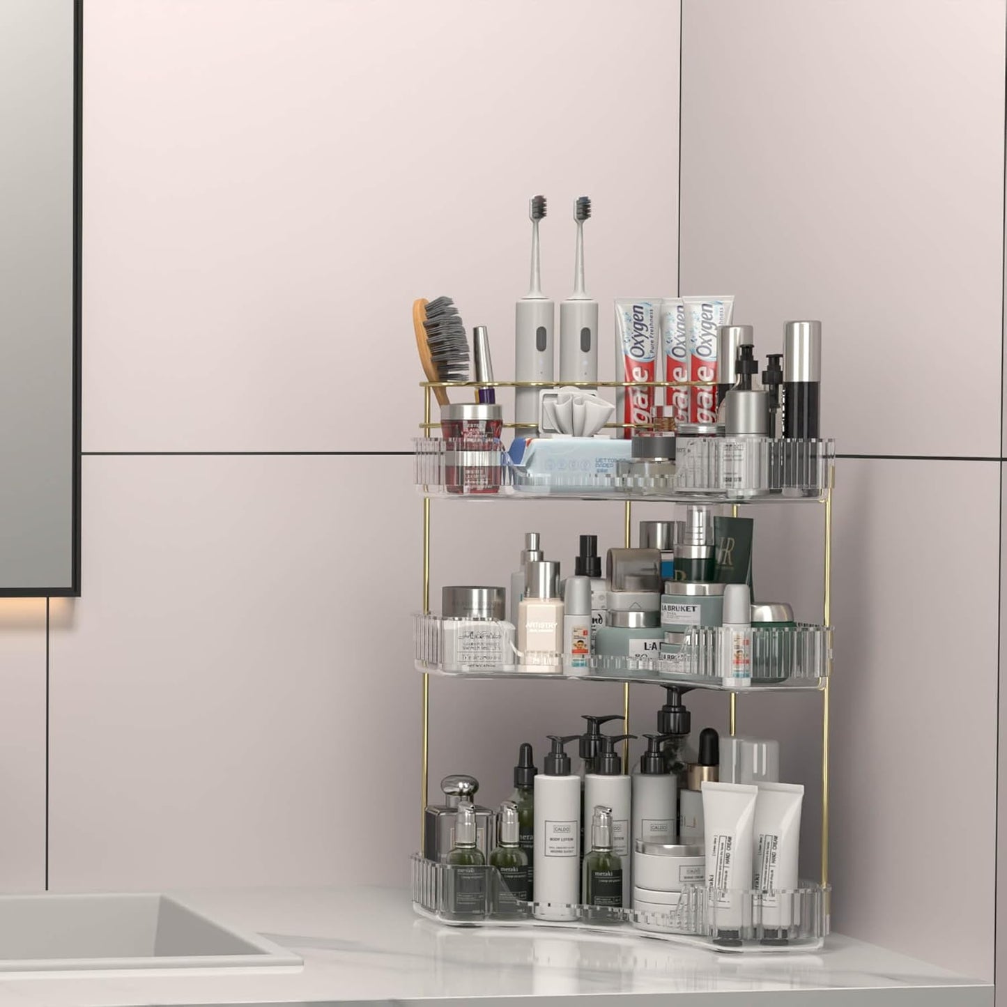 Makeup Organizer Countertop 3 Tier, Corner Bathroom Countertop Organizer with Toothbrush and Makeup Brush Holder, Corner Vanity Tray for Skincare Organization