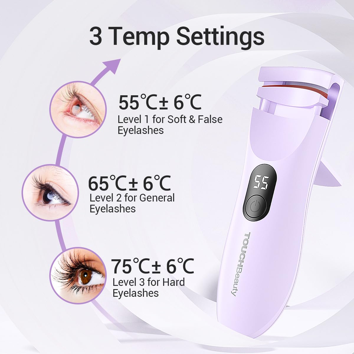 TOUCHBeauty Rechargeable Heated Eyelash Curler with LED Display, Featuring 3-Level Adjustable Temperature for a Natural, Long-Lasting Curl (Up to 24 Hours) AG-2316purple