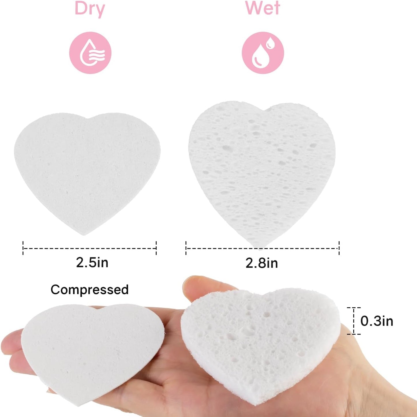 50-Count Heart Shape Compressed Facial Sponges,100% Natural Cellulose Face Sponge Spa Sponges for Removing Dead Skin, Dirt and Makeup(White)