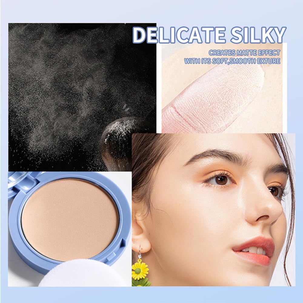LAMUSELAND Pressed Powder Compact, Oil Control Brighten Skin 3 Color Face Powder, Whitening Highlighting Face Makeup Tools for Women Girls (JG06)