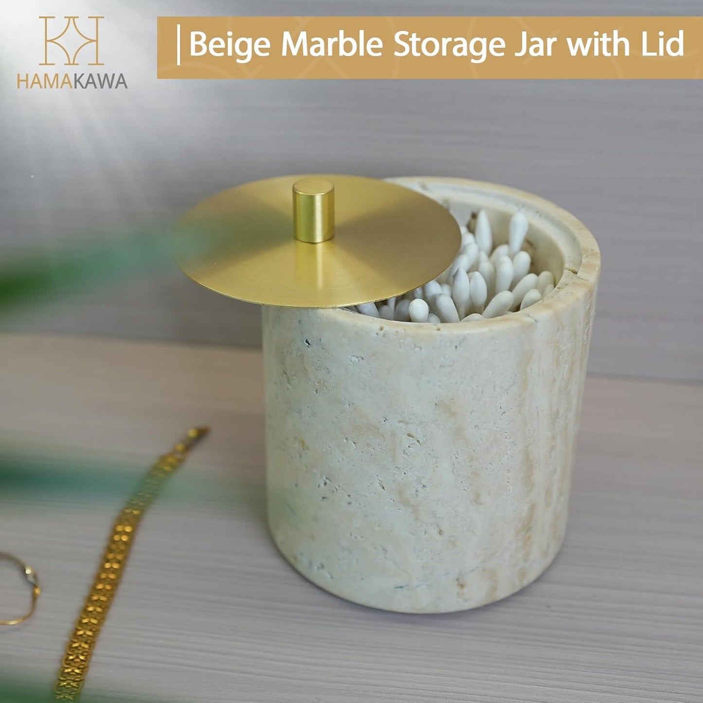 Qtip Holder With Brass Lib, Beige Travertine Cotton Swab Jars 4 Inch, Modern Round Marble Canister, Small Apothecary Storage Jars for Bathroom, Bedroom, Vanity, Kitchen Cabinet