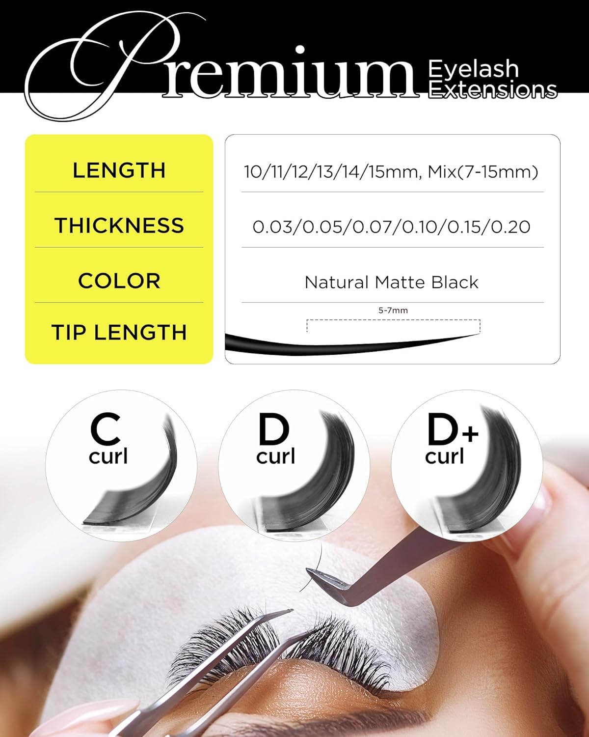 BEYELIAN Eyelash Extension 0.05 C Curl 7-15mm Mixed Tray Easy Fan Lash Extensions Volume Lashes 100°/212°F High Temperature Resistant Classic Professional Use Natural Matte Black (0.05 C 7-15mm Mix)