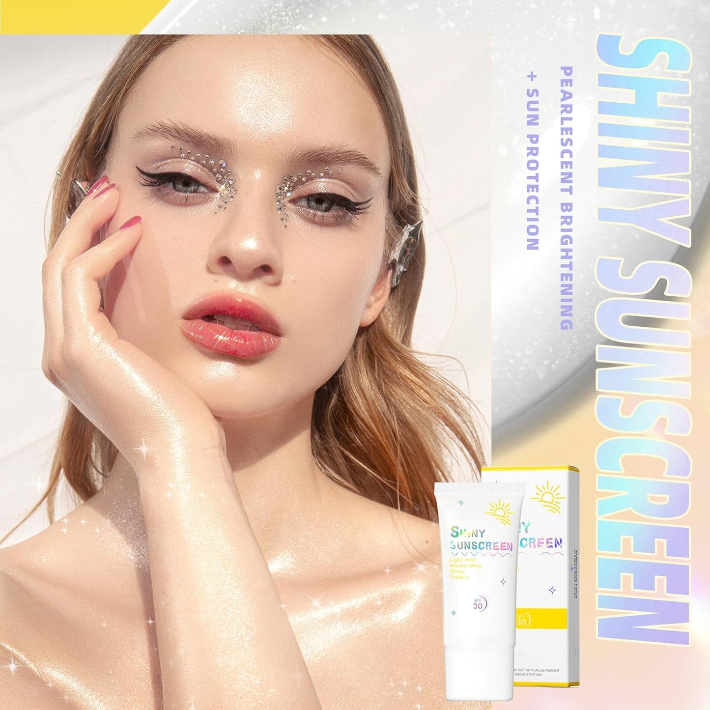 Shimmer Face Primer with Sunscreen, SPF 30, Highlighting Fine Glitter Brightening + Sun Protection, Moisturizing Sunscreen, Natural & Refreshing, Oil-Controlling,Non-Greasy Isolation Primer