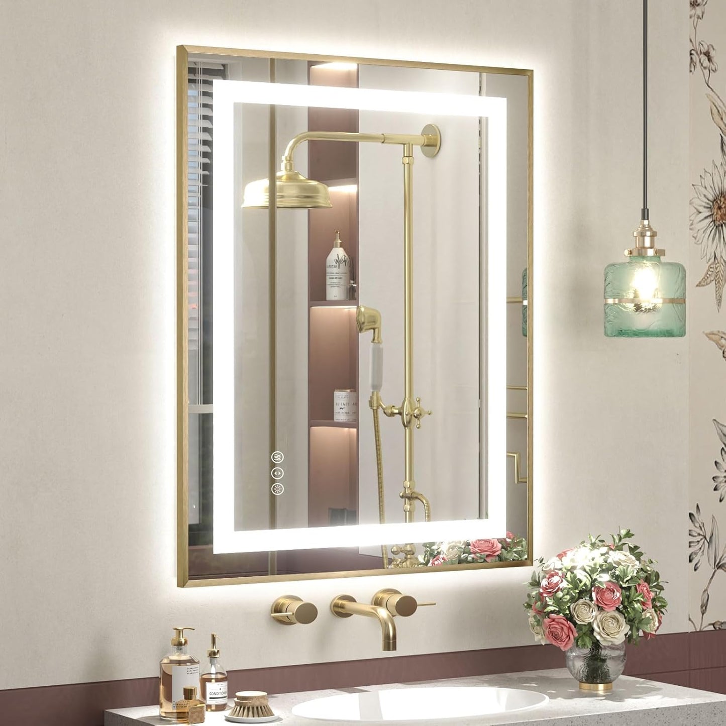OKPAL 24x36 Gold LED Bathroom Mirror with Lights, Frontlit & Backlit Metal Framed Mirror, Lighted Bathroom Vanity Mirror, Anti-Fog, Dimmable 3 Colors, Shatterproof, Horizontal/Vertical