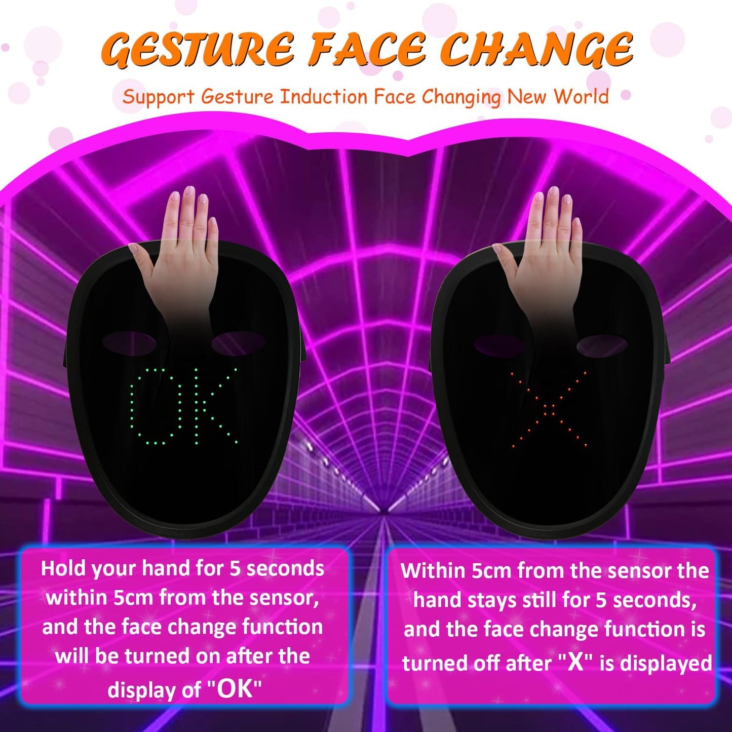 Led Mask with Gesture Sensing, Light up Face Transforming Mask for Halloween Xmas Costume Party