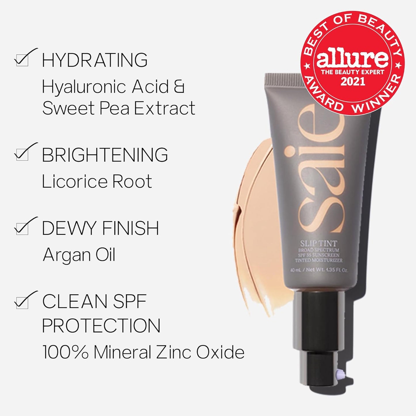 Saie Slip Tint Tinted Moisturizer with SPF 35 - Light Coverage, Glowy Skin Tint & Mineral Sunscreen for Face with Hydrating Hyaluronic Acid - Summer Makeup Essential - Shade Six (1.35 oz)