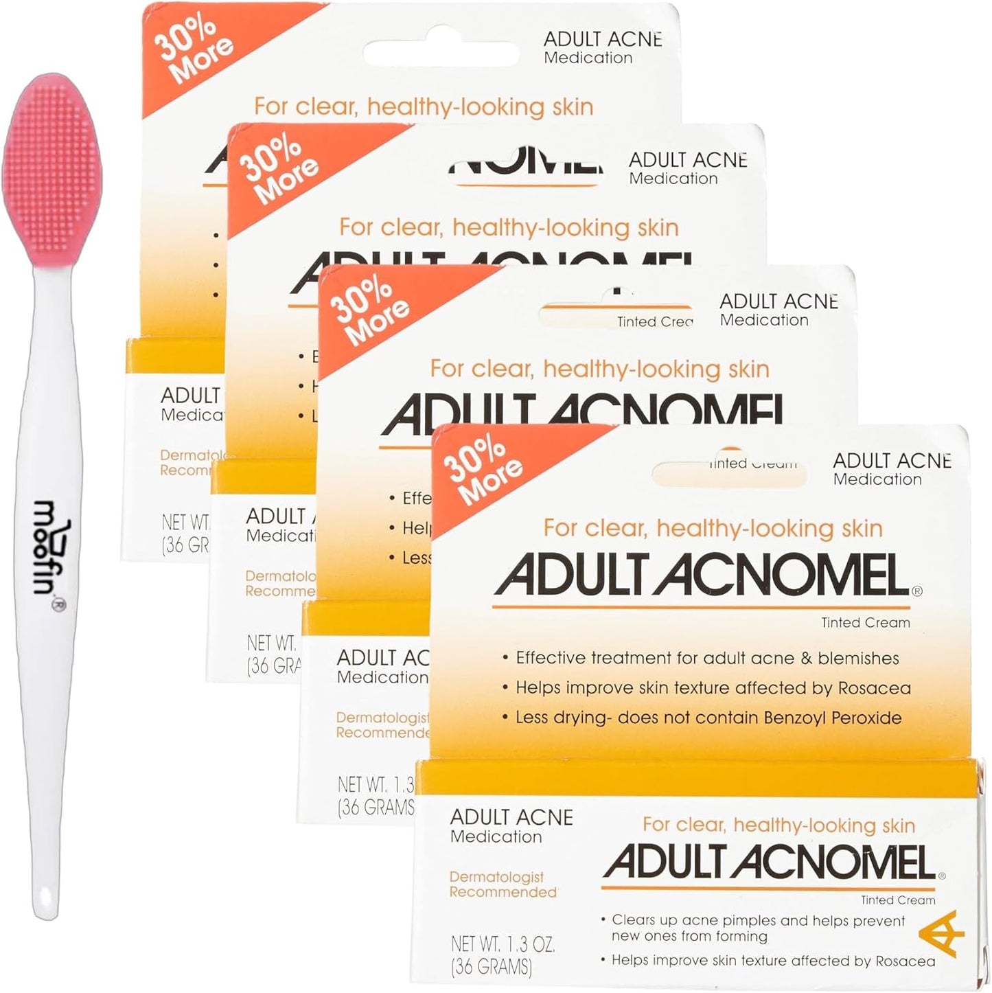 Adult Acnomel Acne Medication Tinted Cream 13 Oz - Acne Spot Treatment Cream Anti Pimple Cream for Men and Women, Clears Breakouts, Soothes Sensitive Skin Nose Cleaning Brush [Pack of 4