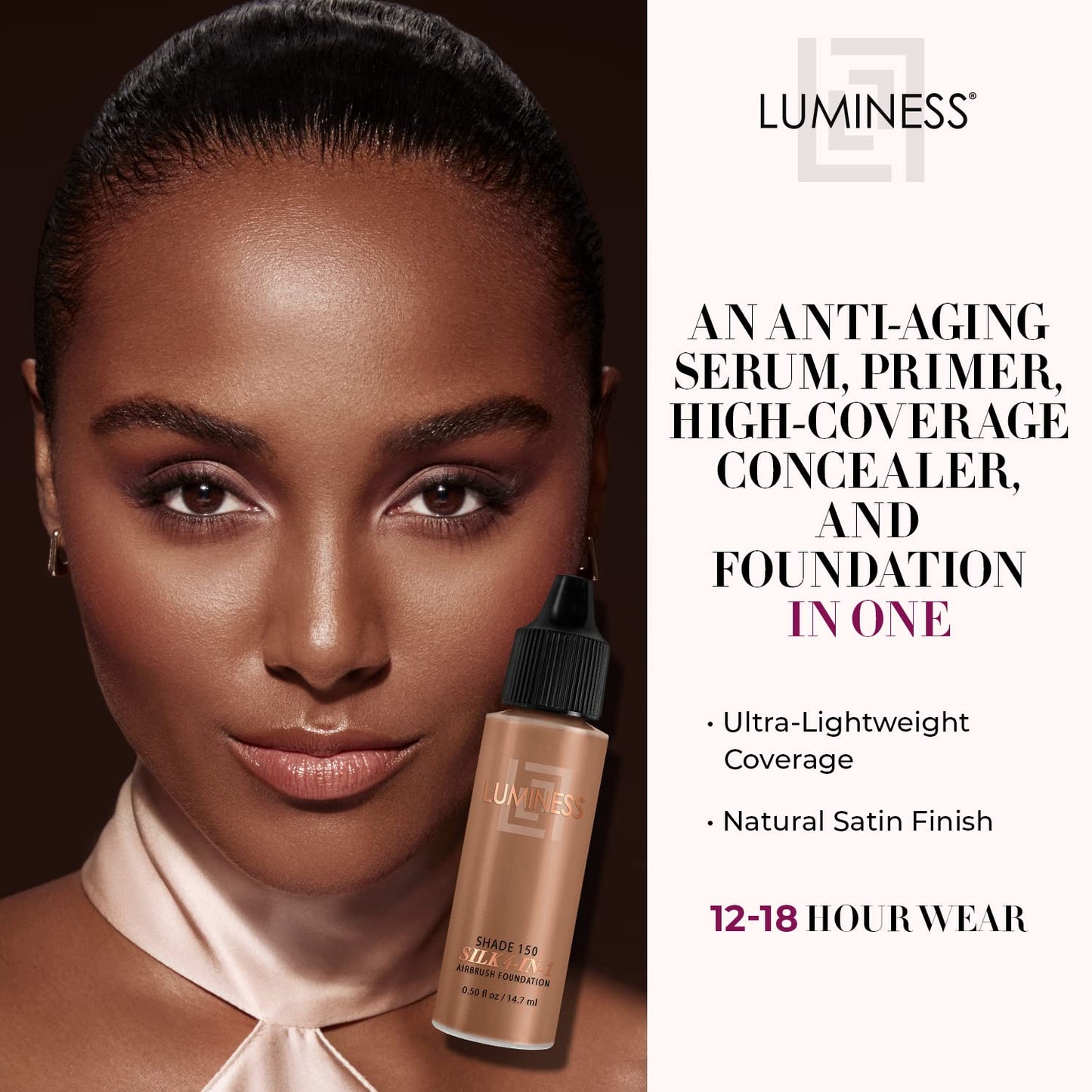 Luminess Air Silk 4-In-1 Airbrush Foundation- Foundation, Shade 150 (.5 Fl Oz) - Sheer to Medium Coverage-Anti-Aging Formula Hydrates and Moisturizes - Professional Makeup Kit for Cordless Air Brush
