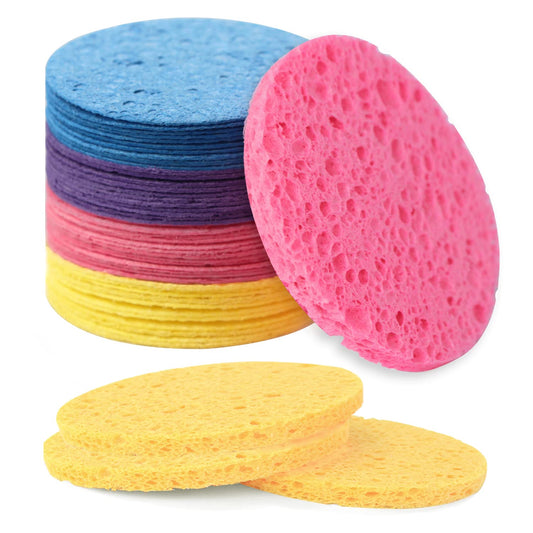 50-Count Facial Sponges Compressed Natural Cellulose Sponge Round Shape Face Sponge for Face Cleansing Exfoliating and Makeup Removal, Mixed Color