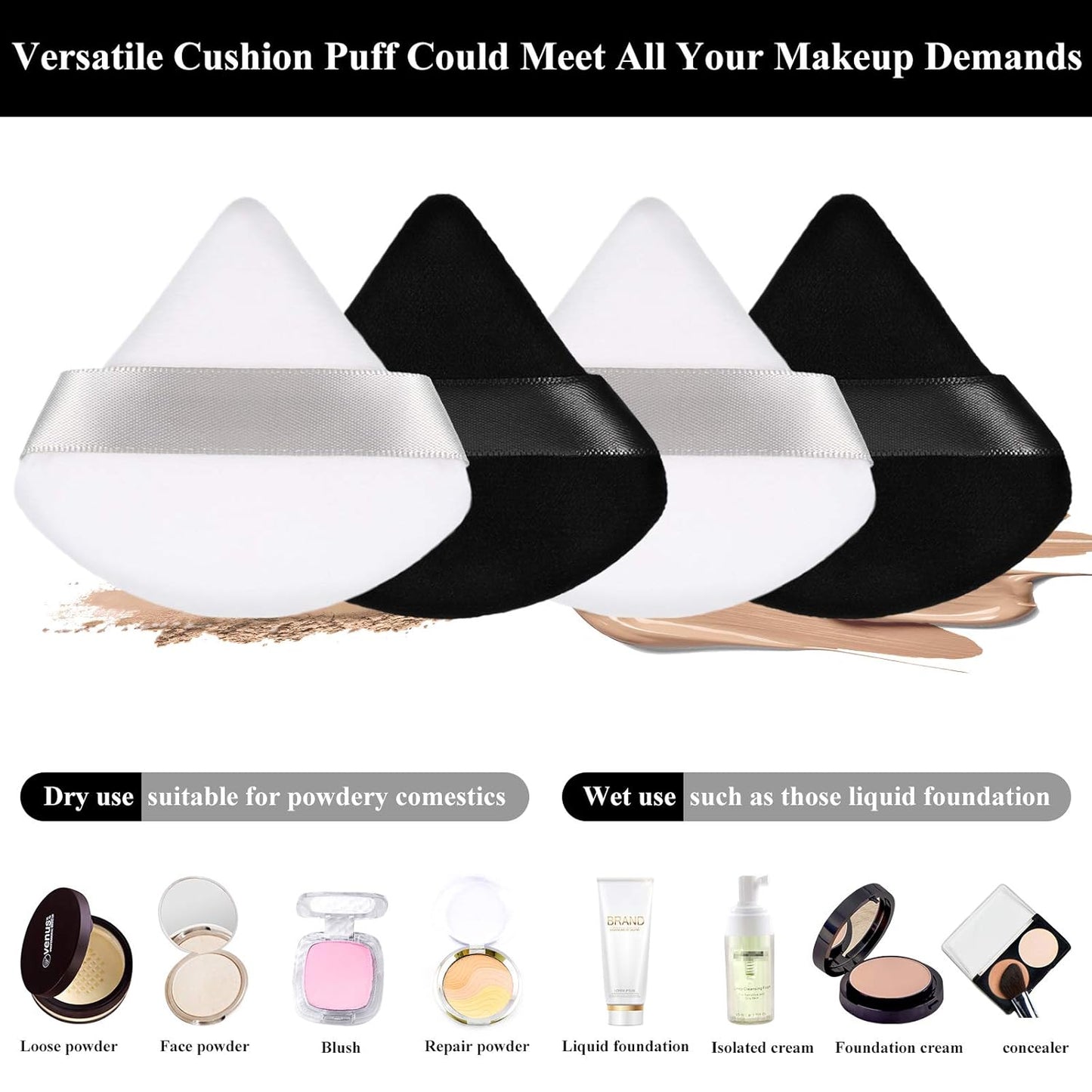 Maitys 12 Pieces Powder Puff Triangle Face Makeup Cosmetic for Loose Powder Soft Body Washable Reusable Foundation Sponge Mineral Wet Dry Makeup Tool(Black, White, Small)