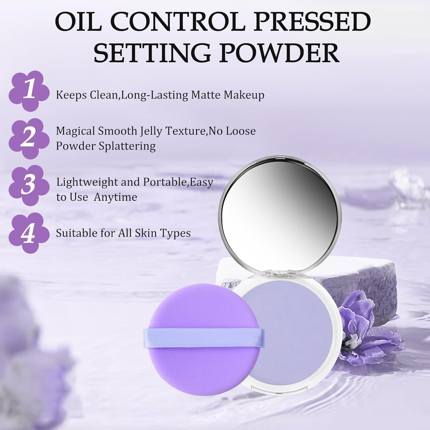Chillab Lavender Matte Powder, Chillab Lavender Matte Powder Oil Control, Chillab Polvo Compacto with Mini Powder Puff, For Silky Blurring Oil Control Long-Lasting Makeup, Creates Soft -1PCS