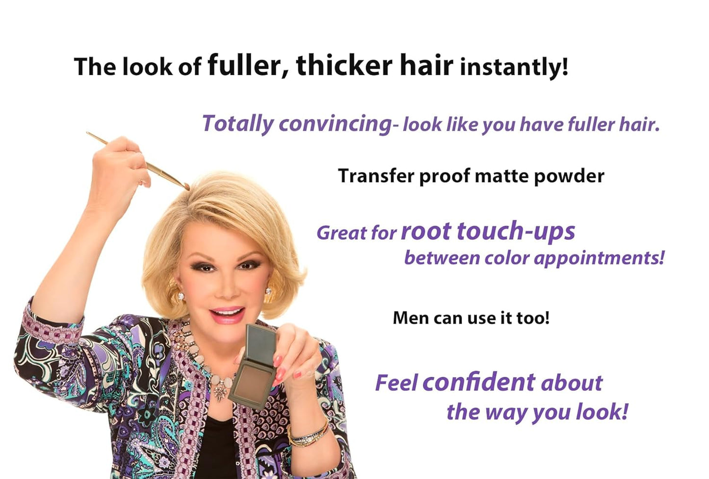 Joan Rivers Great Hair Day Root Touch Up Powder – Fill-in Powder for Thicker, Fuller Looking Hair (Dark Brunette)